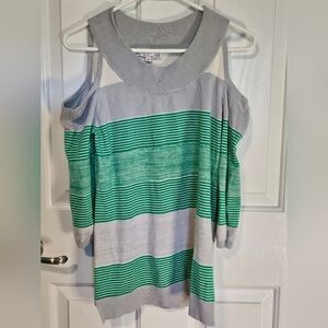 All at Once Green and Gray Striped Cold Shoulder Sweater Women's Sz M